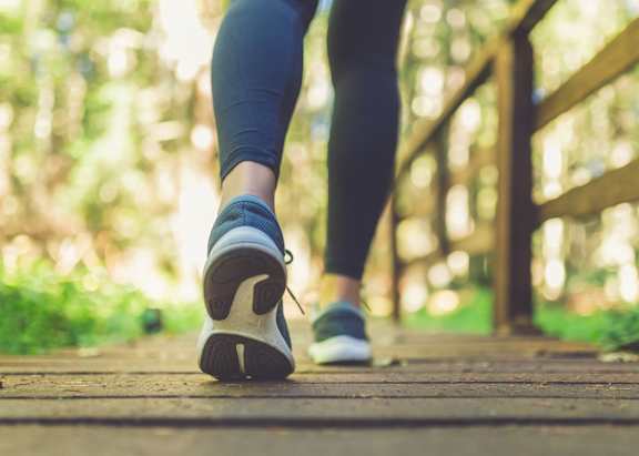 A person is walking on a wooden path in the woods.