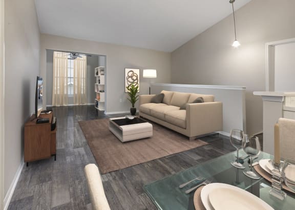 a living room with a couch and a table