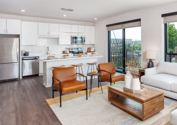 Westley on Broadway in Kansas City, Missouri Model Living Room and Kitchen with Private Patio