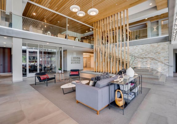 Clubhouse interior with seating area and skywalk