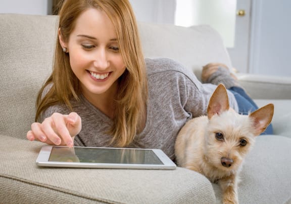 a woman laying on a couch with her dog and using a tablet