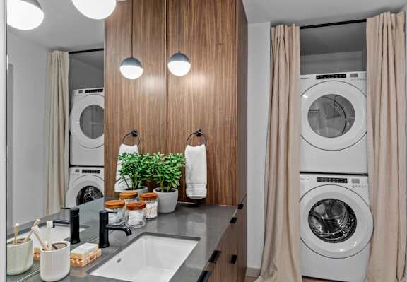 Bo Apartments in Coeur d'Alene, Idaho Model Bathroom with Washer and Dryer