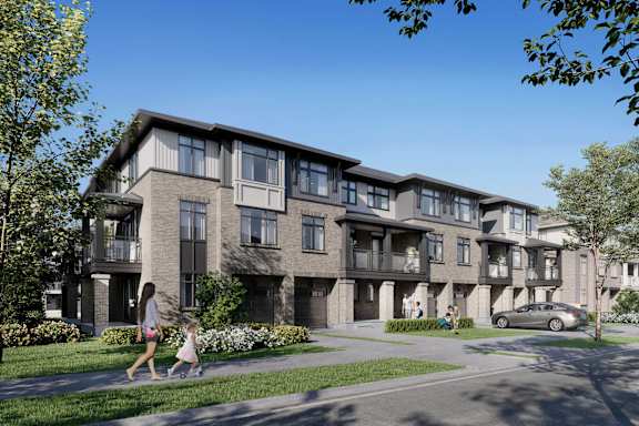 a rendering of an apartment building with people walking on a sidewalk
