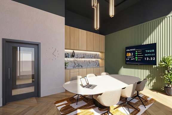 A modern dining room with a round table and chairs, a digital clock, and a large window.