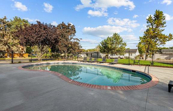 A small pool surrounded by a black fence and trees.