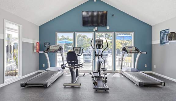 A gym with treadmills, elliptical machines, and a television.