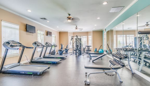 a cardio gym with cardio equipment and windows