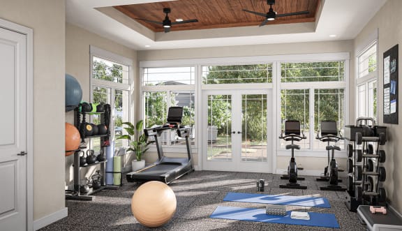a home gym with plenty of windows and a wooden ceiling