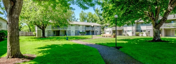 a path through the grass with trees and apartments in the background