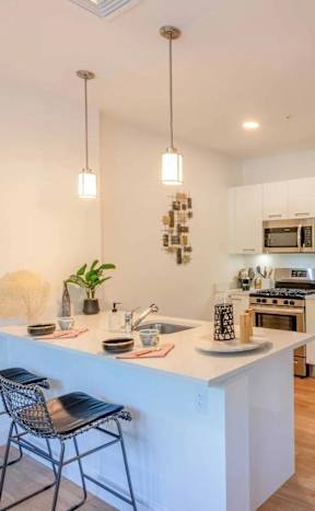 White galley kitchen with breakfast bar and modern finishes at The Overlook Apartments, Weymouth, 02188