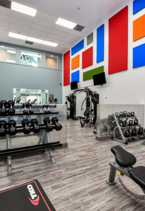 a spacious fitness center with cardio equipment and free weights