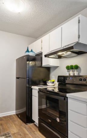 a kitchen with a stove refrigerator and a sink
