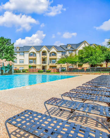 Sun deck poolside at Tuscany Square Apartments in North Dallas, TX. Now leasing studios, 1 and 2 bedroom apartments.