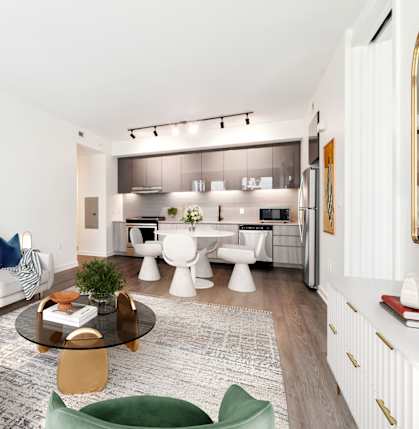 555 Apartments near The Wharf in Washington, DC Model Living Room and Kitchen