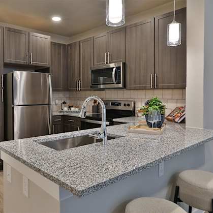 A kitchen with a granite countertop and stainless steel appliances.