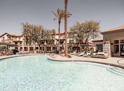 A pool surrounded by palm trees and lounge chairs.