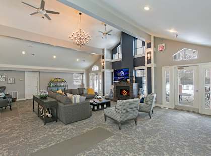 Leasing office lounge with fireplace