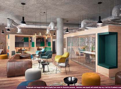a rendering of a lounge area with couches chairs and a bar