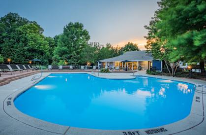 the swimming pool at dusk at the resort at governors crossing at Arbor Ridge, Greensboro