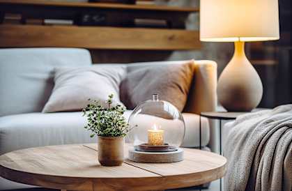 A table with a candle and a plant on it.