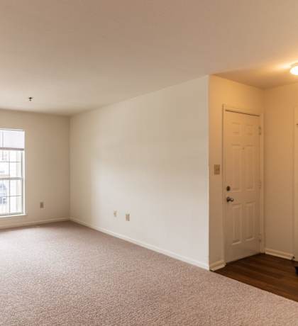 A large, empty room with a carpeted floor and a door on the right side.