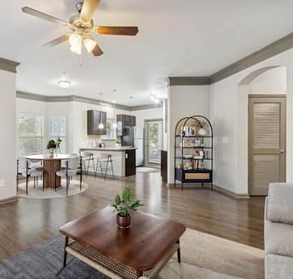 Open-concept living room with wood-style floors, tall ceilings, dining room and kitchen