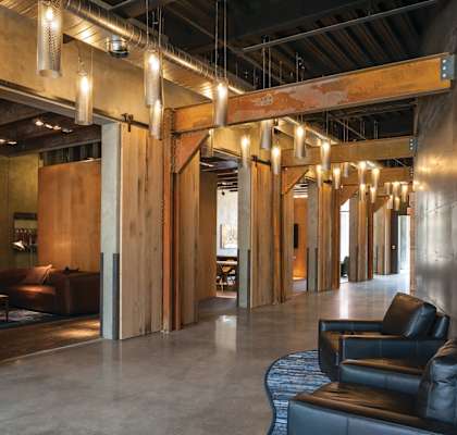 a view of the lobby at the collective venues old oak in san francisco  at Iron Works Sono, Norwalk, Connecticut