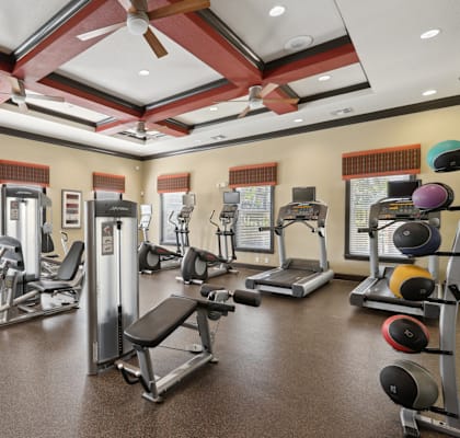 a gym with cardio equipment and weights on the floor at The Amalfi Clearwater Luxury Apartments in Clearwater, Florida