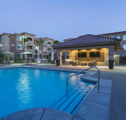 Pool view at night at The View at Horizon Ridge, Henderson, NV