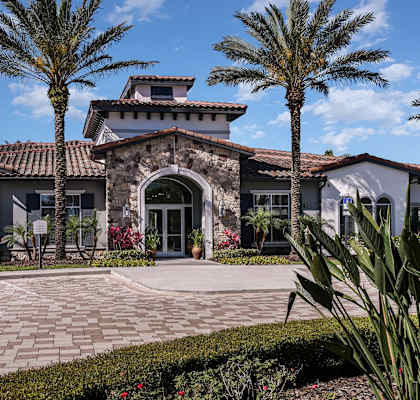 a house with palm trees and a courtyard