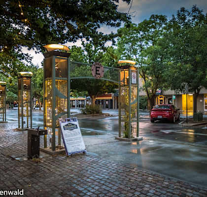 Downtown Davis plaza in the rain