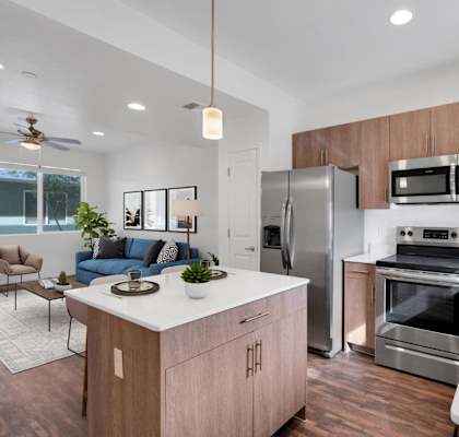 The Hedrick on Mountain Townhome Style Apartments in Tucson, Arizona Model Kitchen with Island