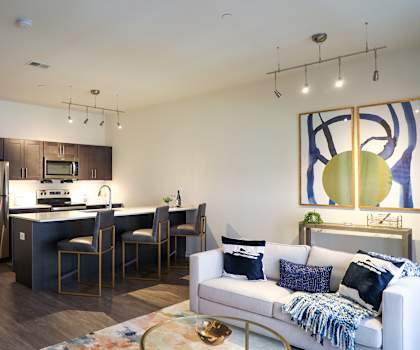 a kitchen and living room in an apartment at The Met at Metro Centre Apartments, Maryland, 21117