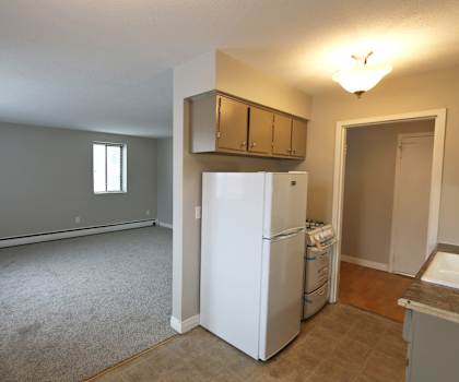 an empty kitchen and living room with a refrigerator and cabinets