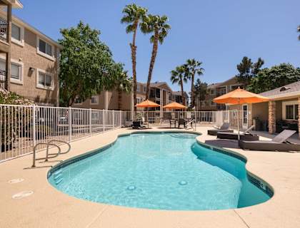 A swimming pool surrounded by palm trees and a fence.