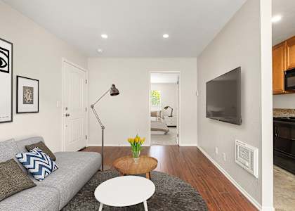 a living room with a couch and a coffee table