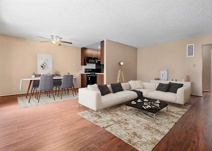 an open living room and dining room with a couch and a table