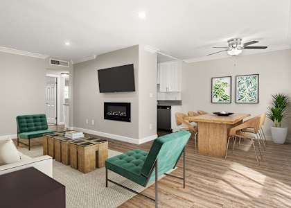 A living room with a fireplace and a television.