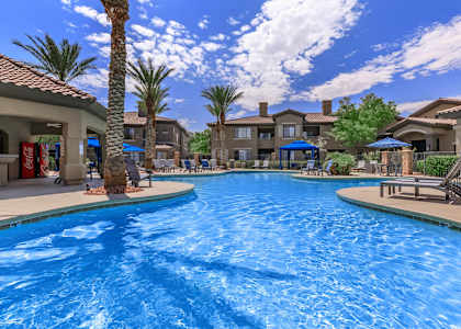 A large swimming pool in a resort with palm trees.