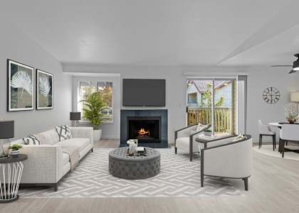 Elevate Apartments in Lynnwood, Washington Model Living Room with Fireplace and Private Patio