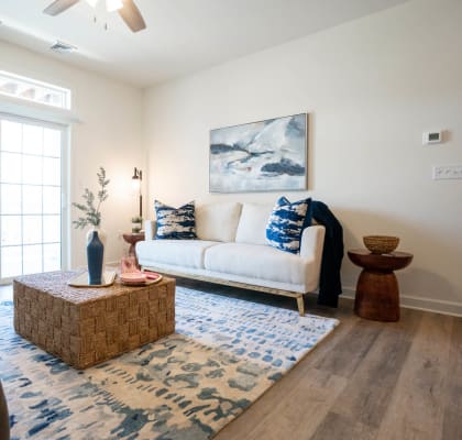a living room with a white couch and a blue rug