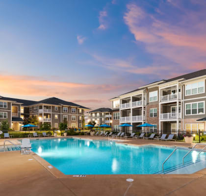 Swimming Pool View During Dusk at Abberly Market Point Apartment Homes, Greenville, SC 29607