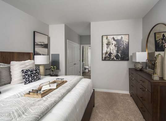 a bedroom with a large bed and a dresser