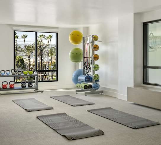 a group of yoga mats on the floor in a room with large windows