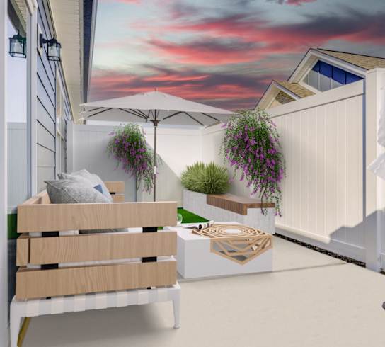 a patio with a mural on the wall
