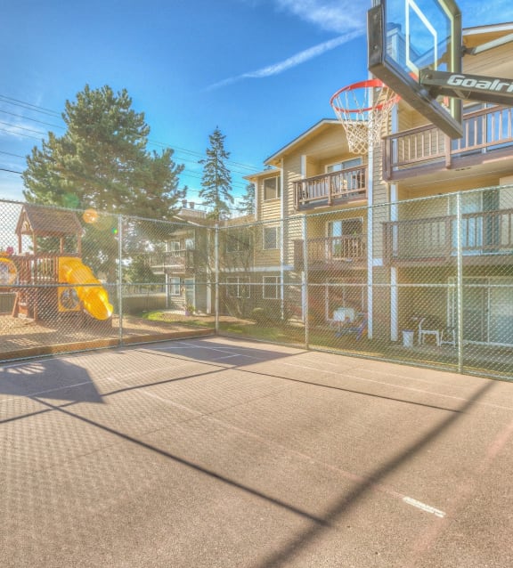 Mirabella Apartments in Everett, Washington Basketball Court and Exterior