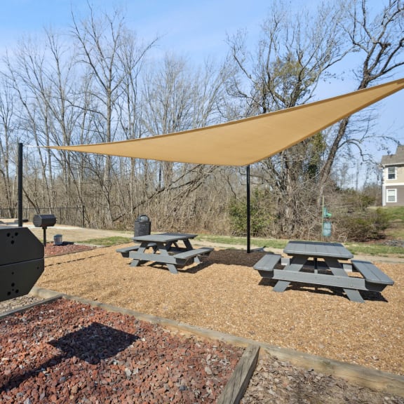 a picnic area with picnic tables and a grill