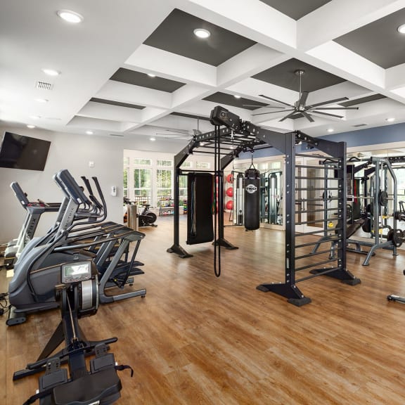 a gym with cardio equipment and weights on a wood floor