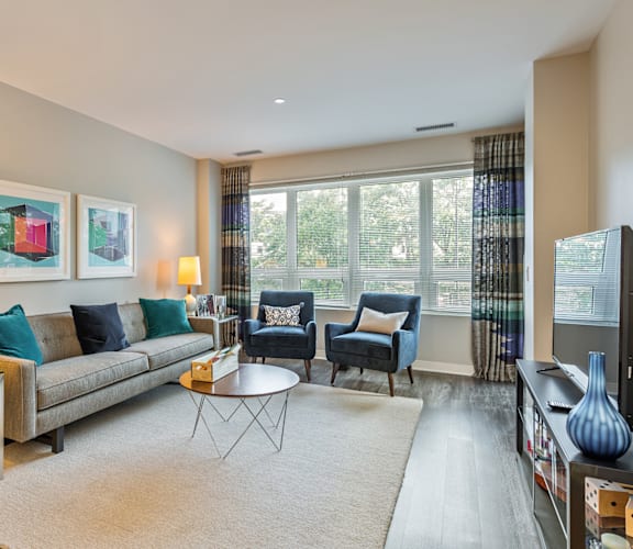 A living room with a grey couch, two chairs, a coffee table, and a lamp.