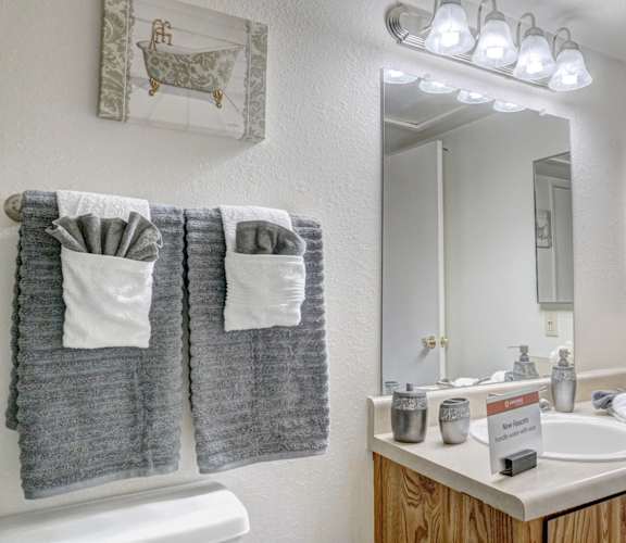A bathroom with a white sink and a mirror above it.
